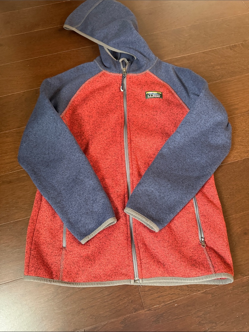 L.L. Bean Red and Navy Hooded Full-Zip Kids Fleece Jacket